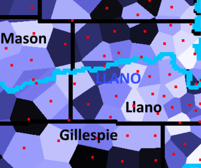 Map indicating counties and rain gauges